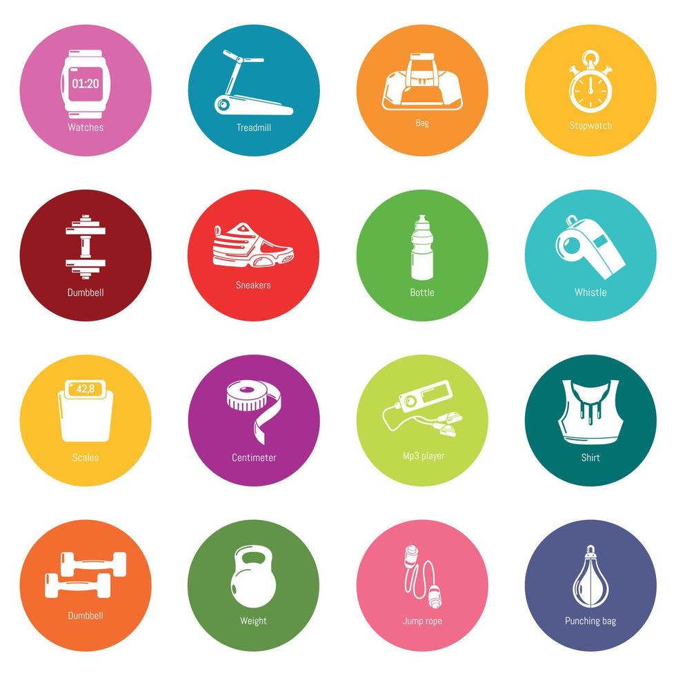 Gym sport icons set colorful circles vector