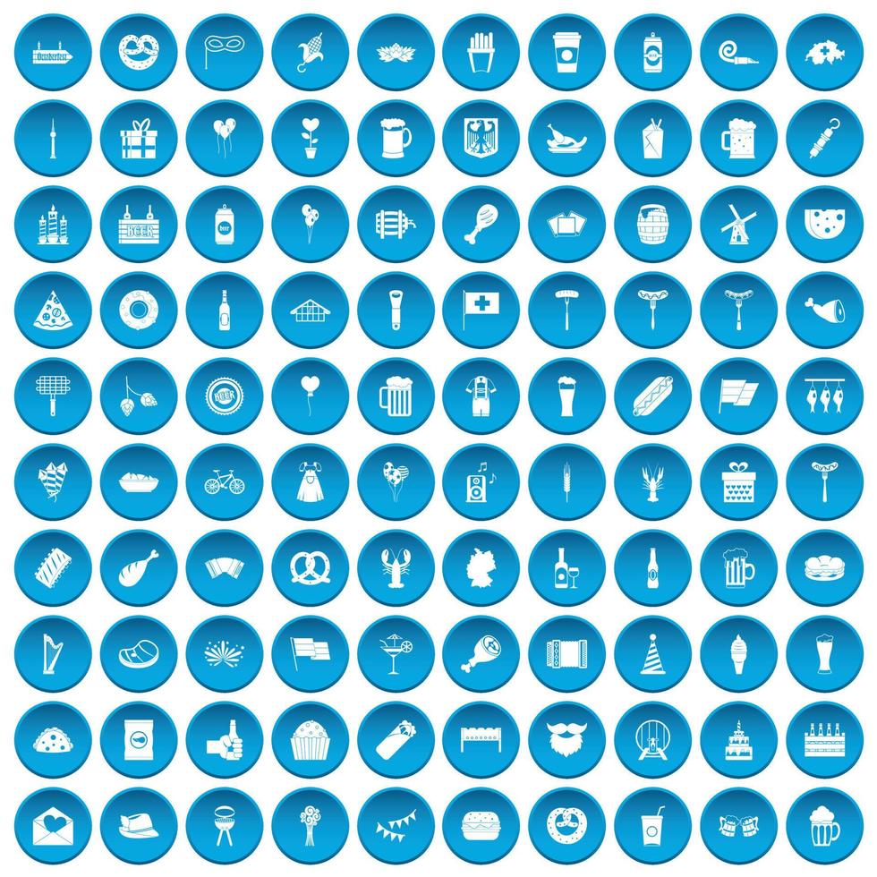 100 beer party icons set blue vector