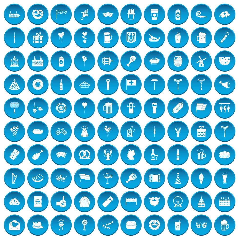 100 iconos de fiesta de cerveza azul vector