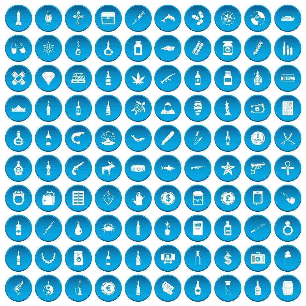 100 iconos de mercancías de contrabando conjunto azul vector