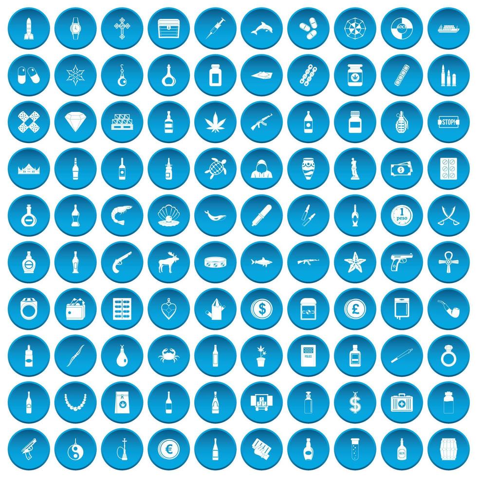 100 smuggling goods icons set blue vector