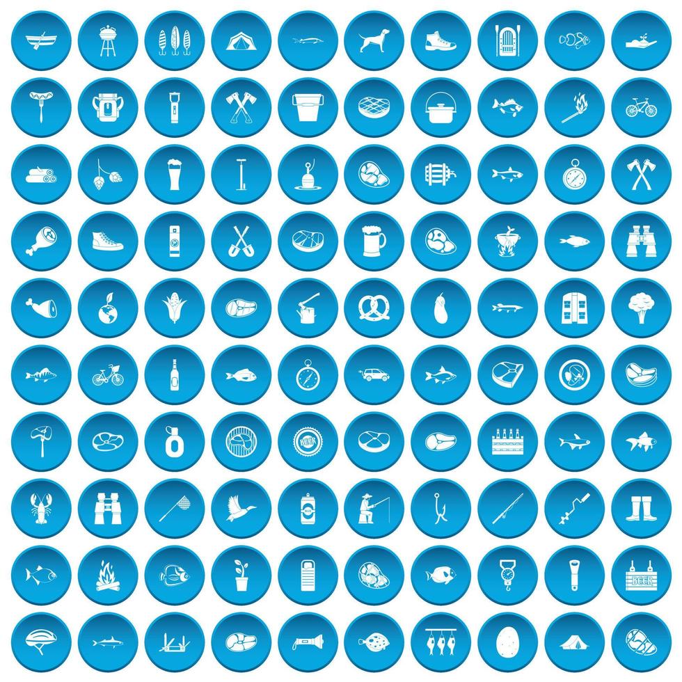 100 BBQ icons set blue vector