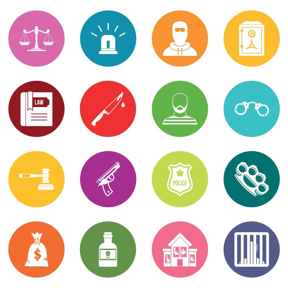 Crime and punishment icons many colors set vector