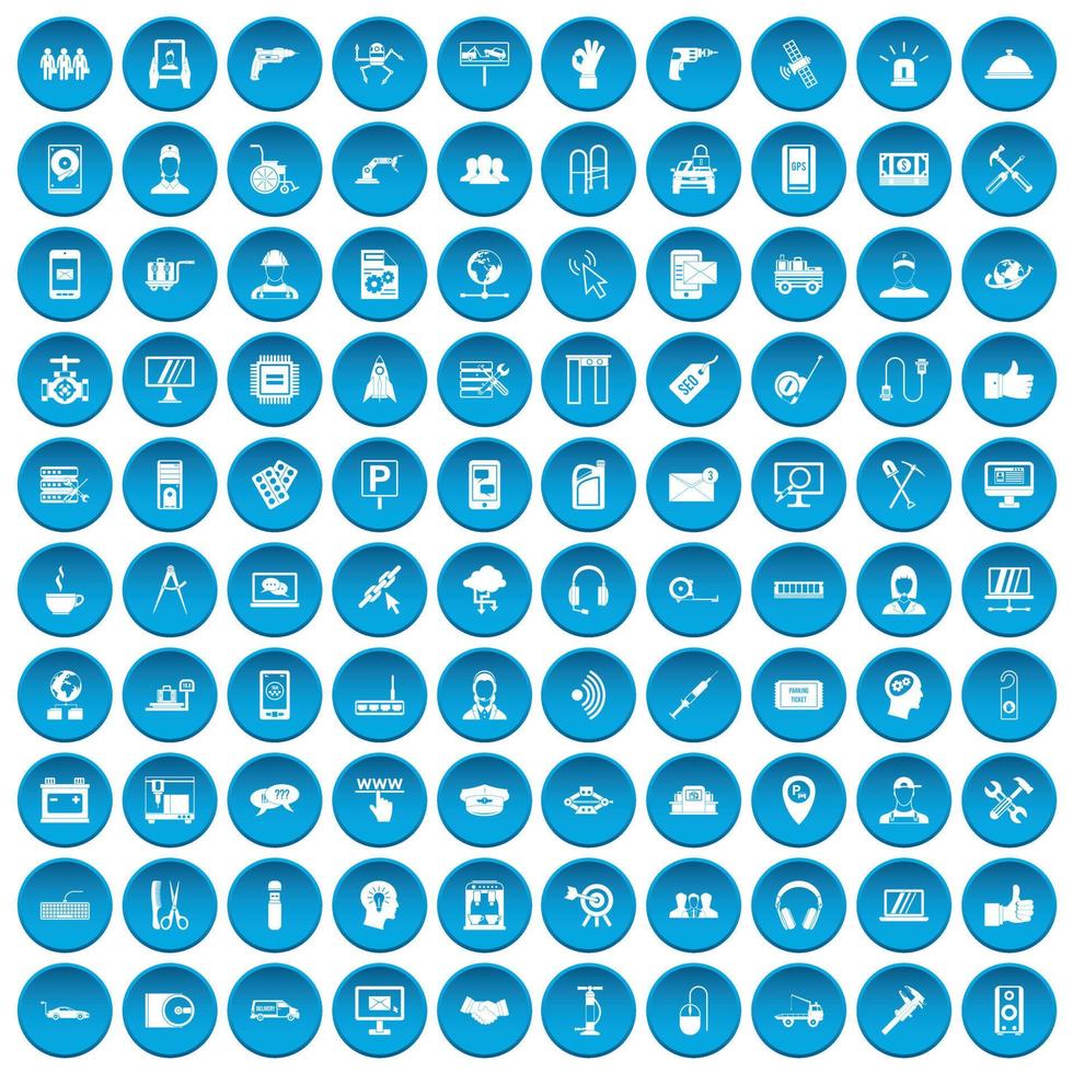 100 support icons set blue vector