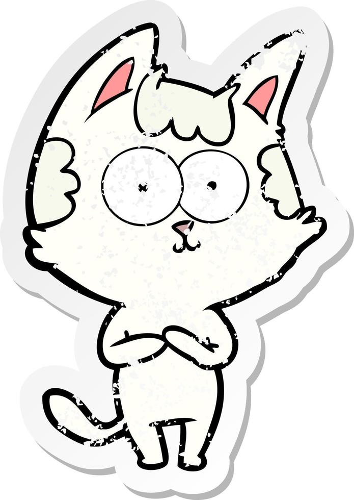 distressed sticker of a happy cartoon cat vector