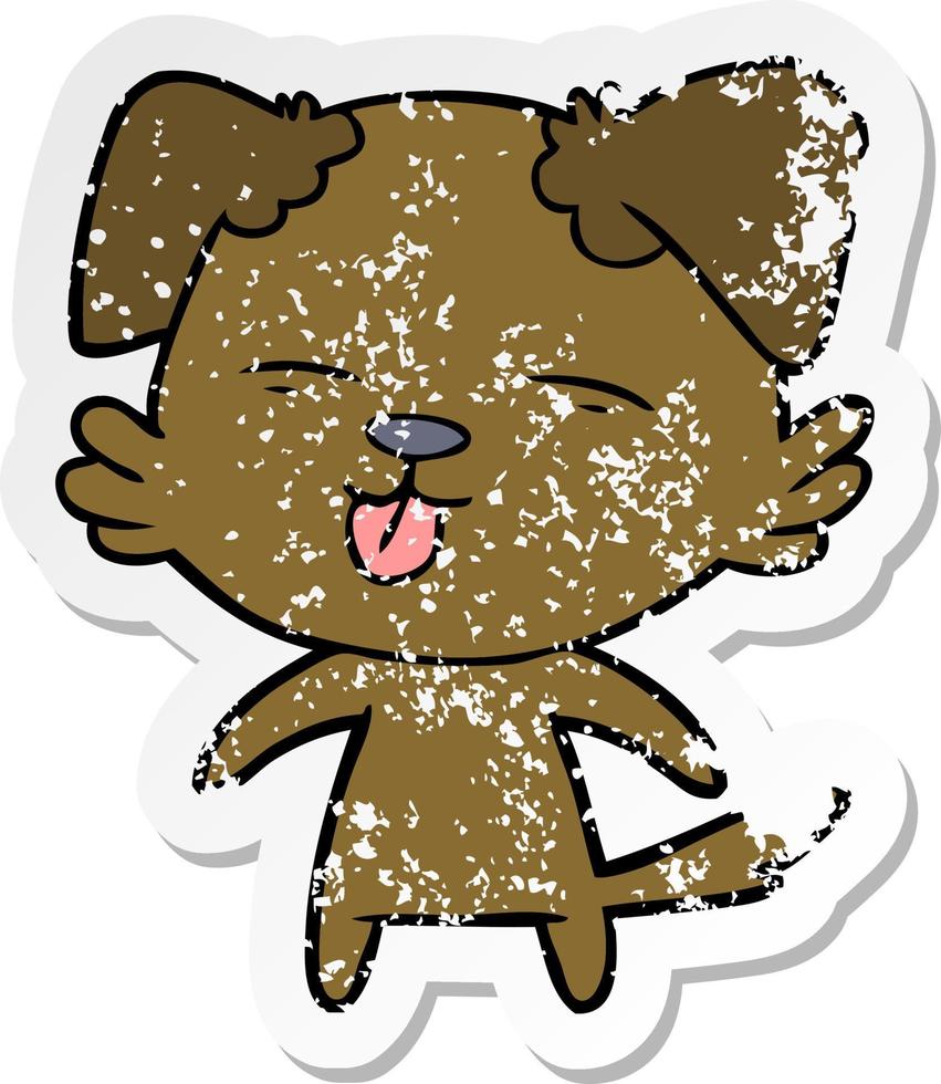 distressed sticker of a cartoon dog sticking out tongue vector