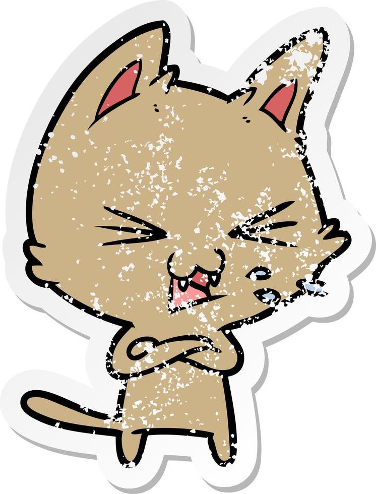 distressed sticker of a cartoon cat hissing vector