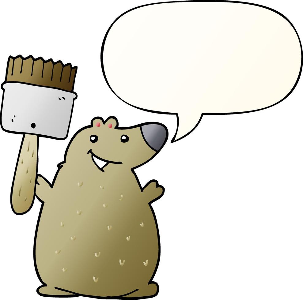 cartoon bear and paint brush and speech bubble in smooth gradient style vector