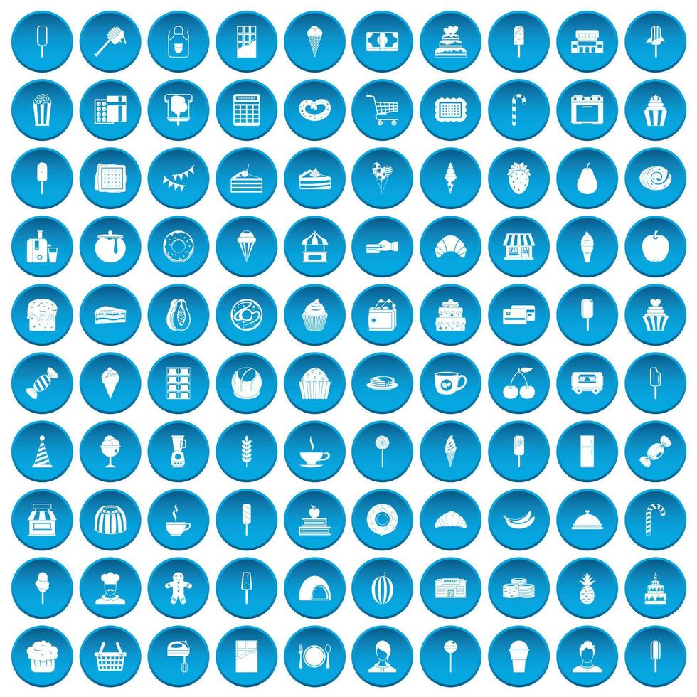 100 iconos de postre set azul vector