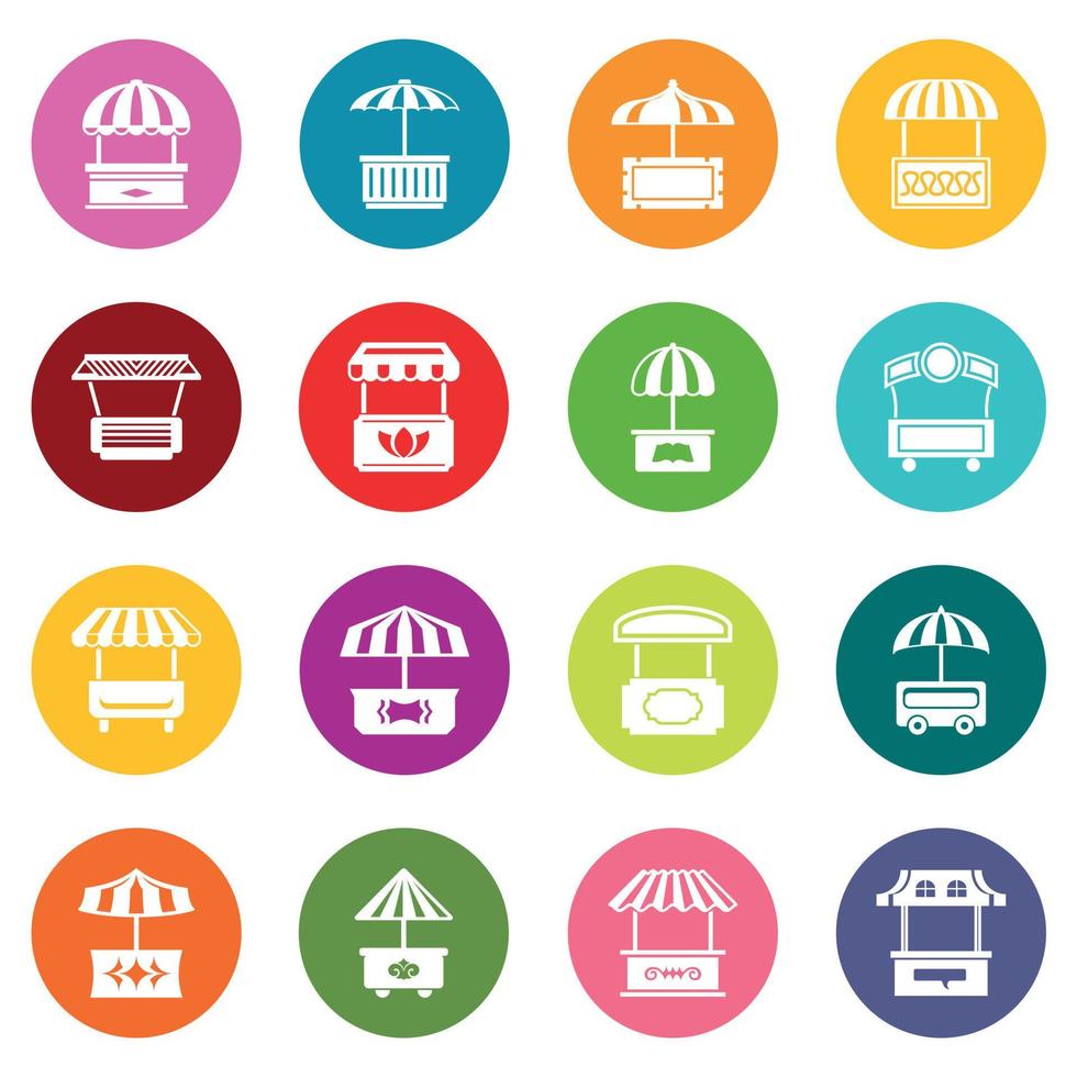 Street food kiosk icons set colorful circles vector