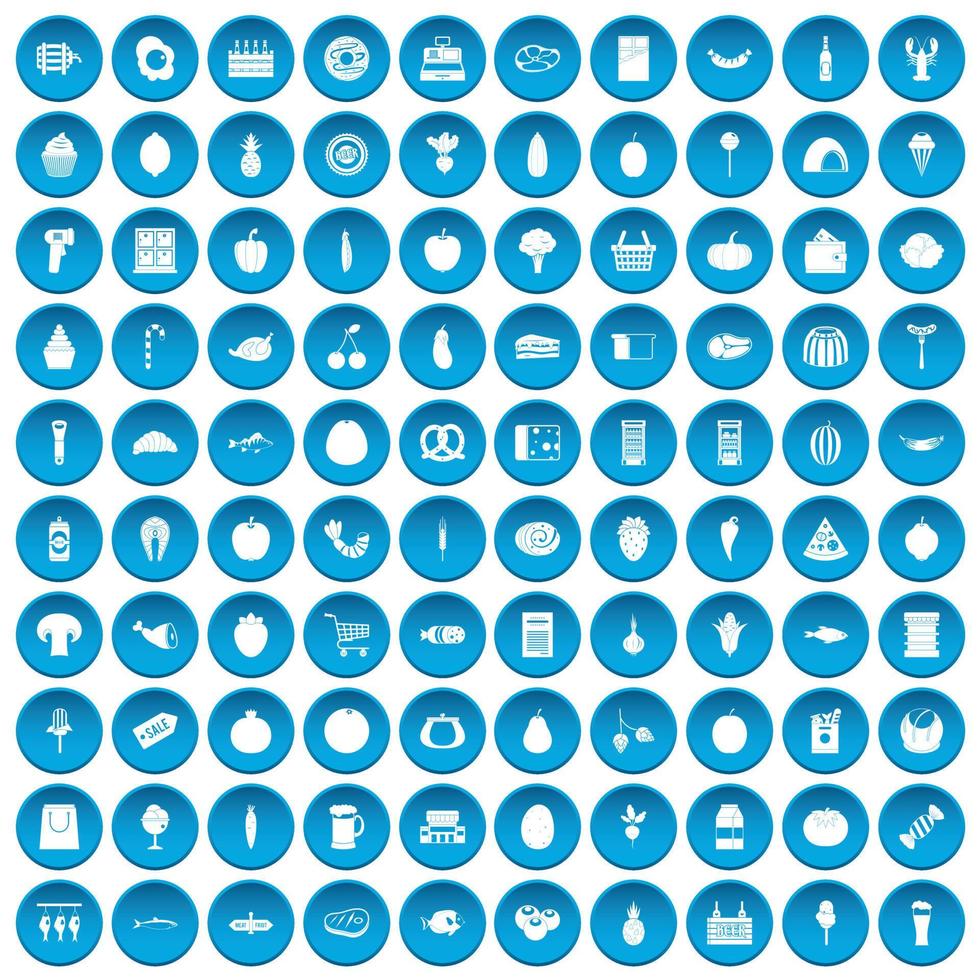 100 grocery shopping icons set blue vector