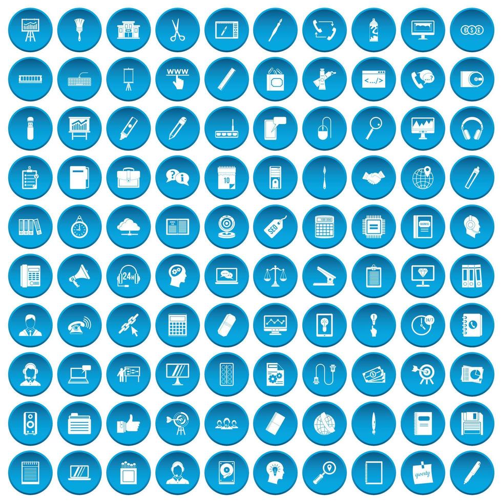 100 office work icons set blue vector