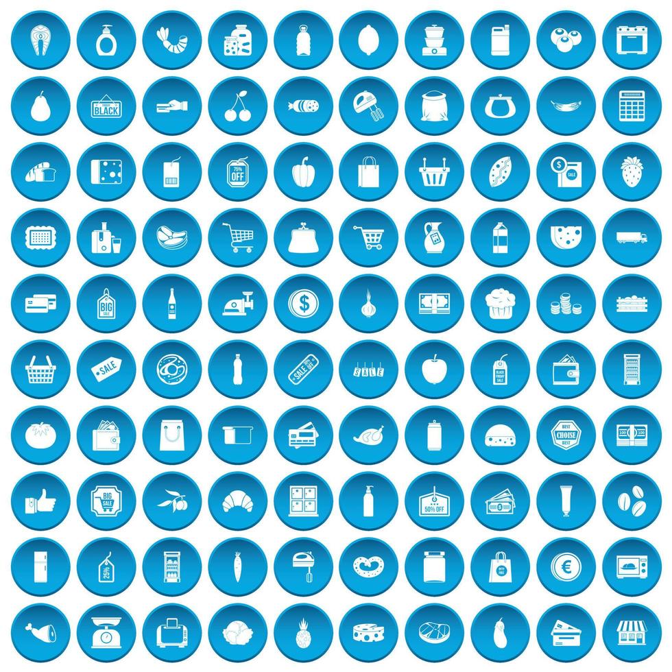 100 supermarket icons set blue vector