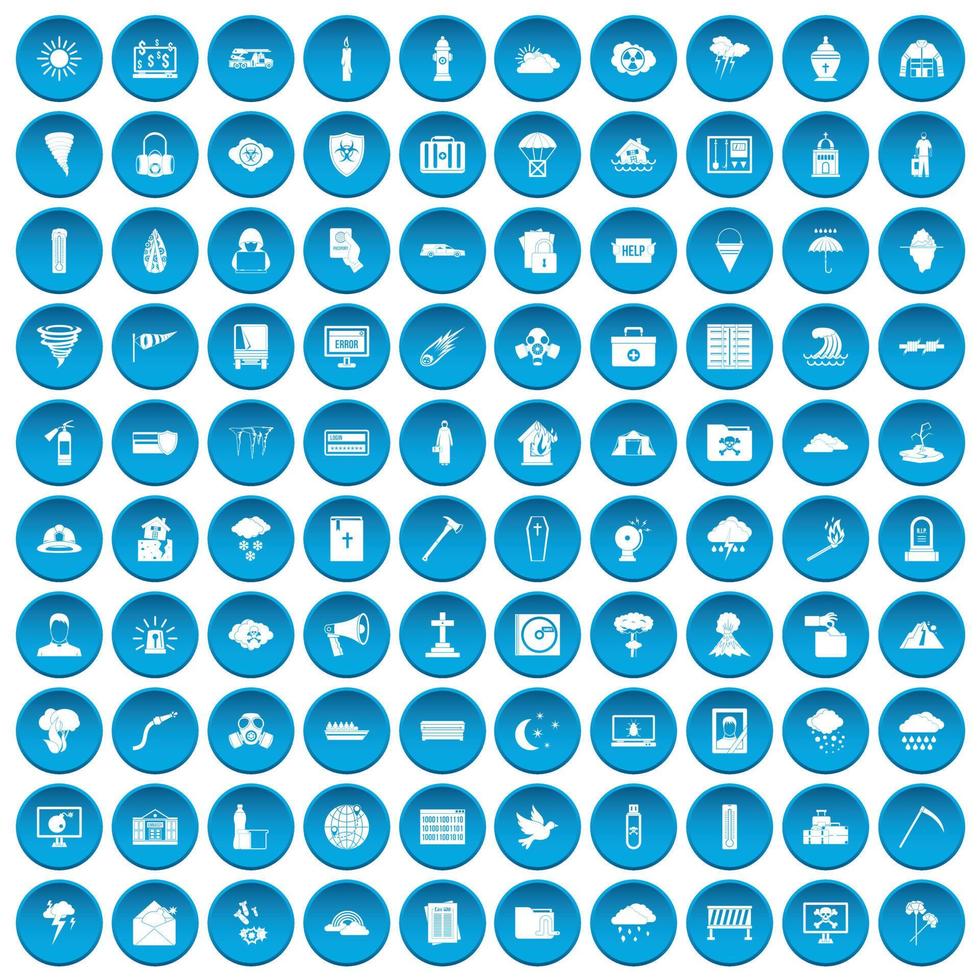 100 natural disasters icons set blue vector
