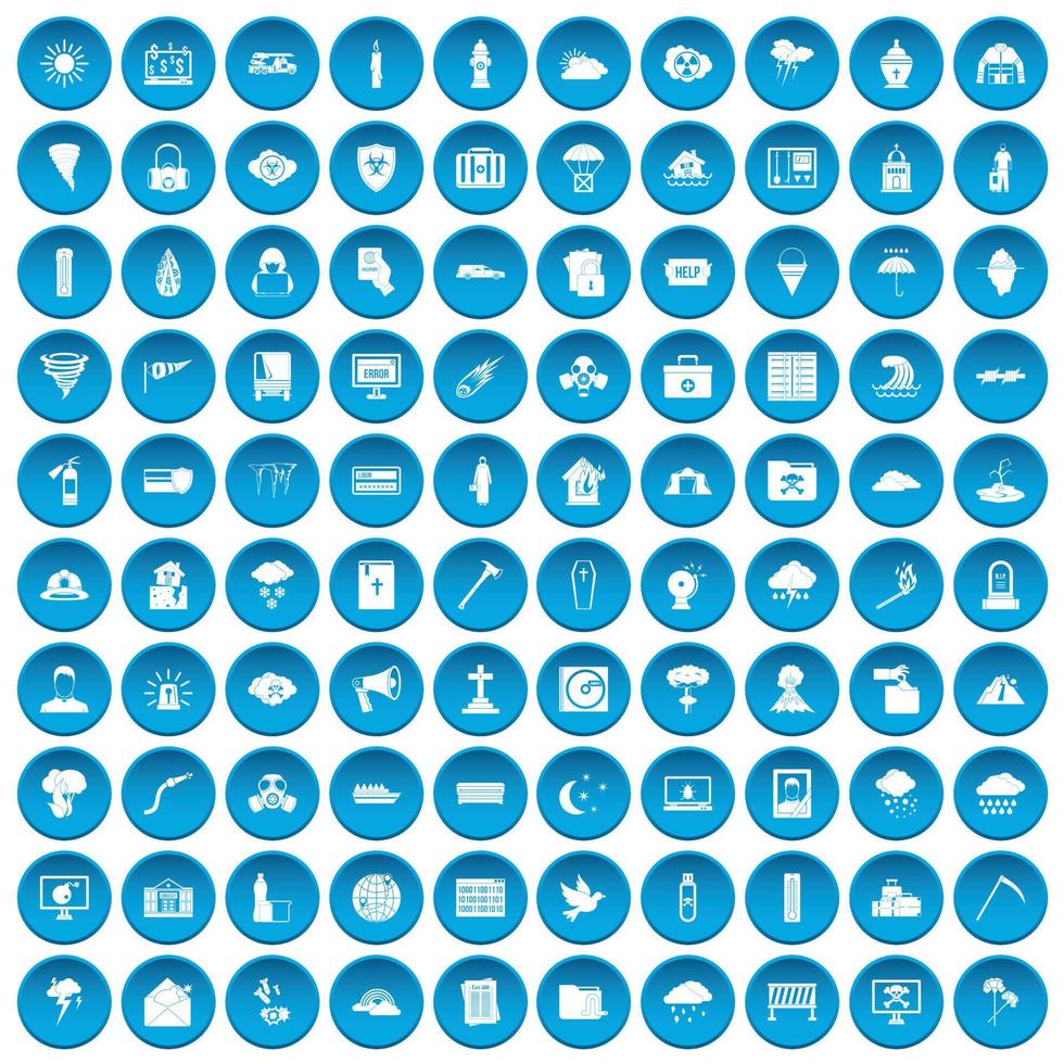 100 iconos de desastres naturales en azul vector