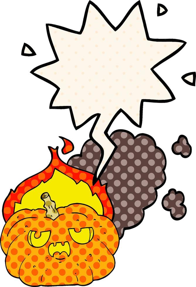 cartoon flaming halloween pumpkin and speech bubble in comic book style vector