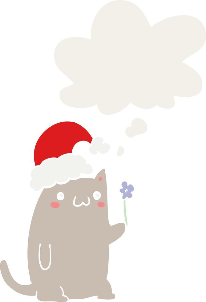 cute cartoon christmas cat and thought bubble in retro style vector