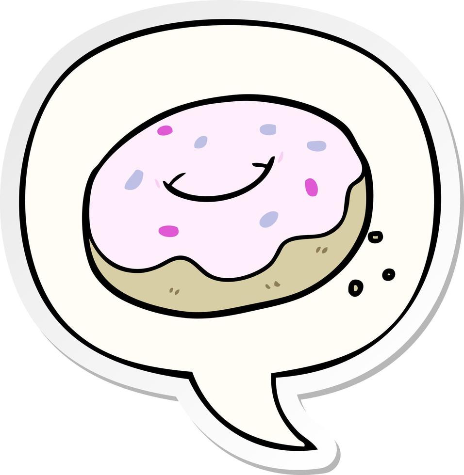 donut de dibujos animados y chispas y pegatina de burbuja de habla vector