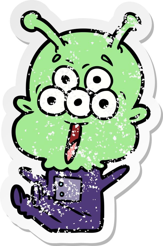 distressed sticker of a happy cartoon alien vector