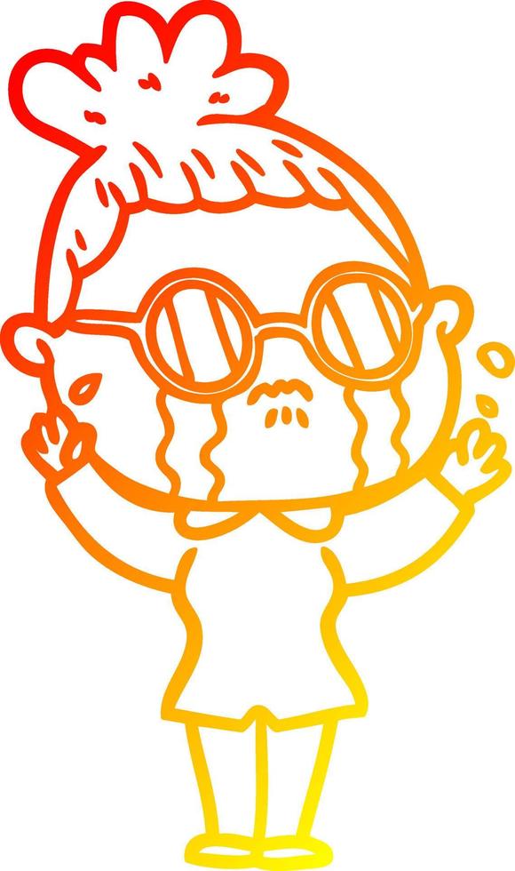 warm gradient line drawing cartoon crying woman wearing spectacles vector