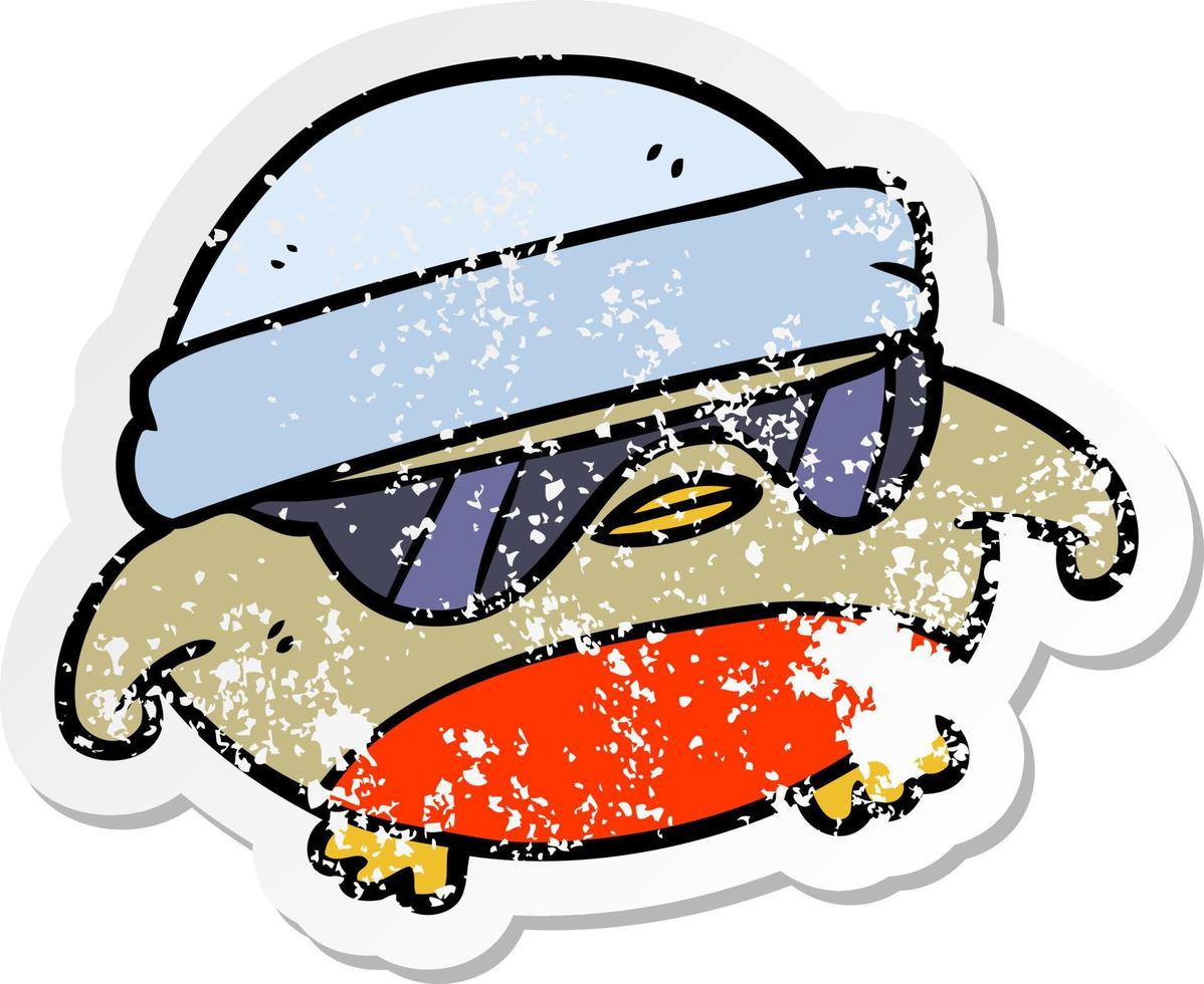 distressed sticker of a cartoon cool christmas robin vector