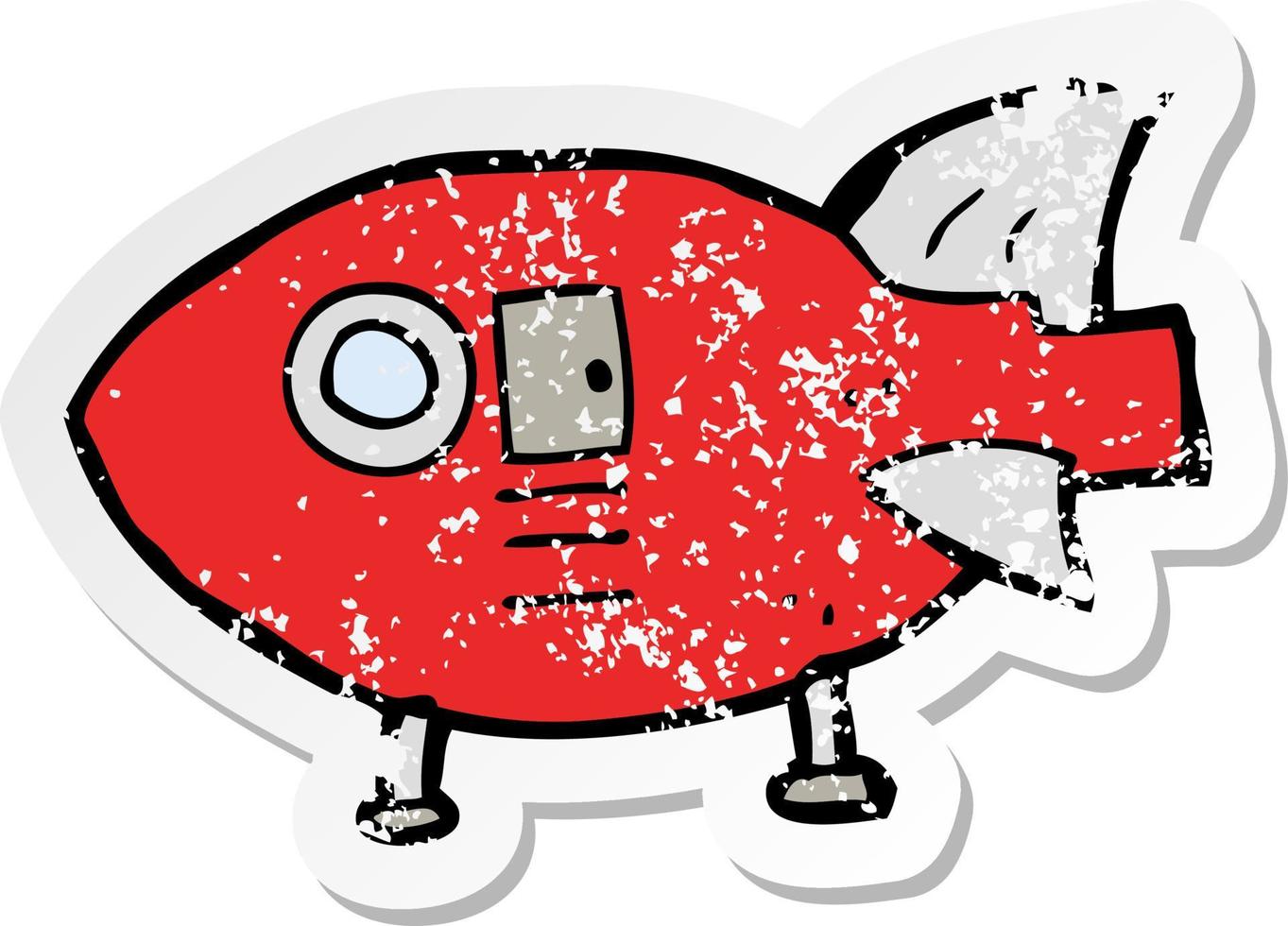retro distressed sticker of a cartoon space rocket vector