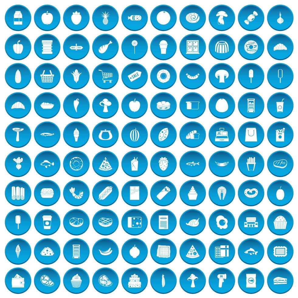 100 iconos de compras de alimentos conjunto azul vector