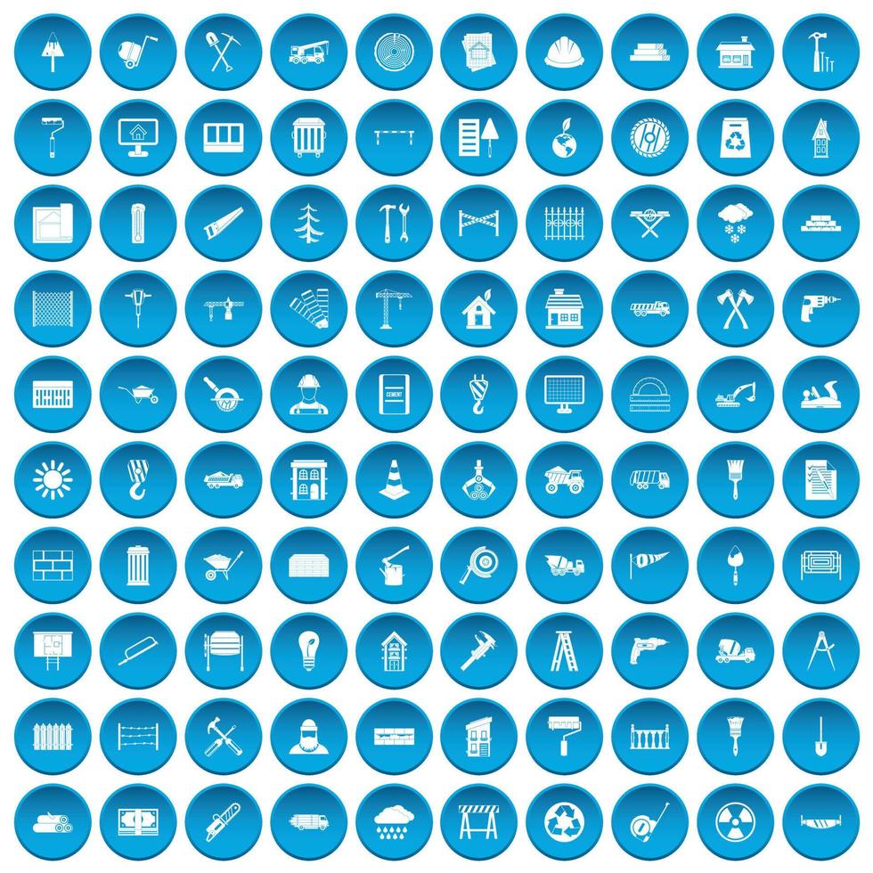 100 building materials icons set blue vector