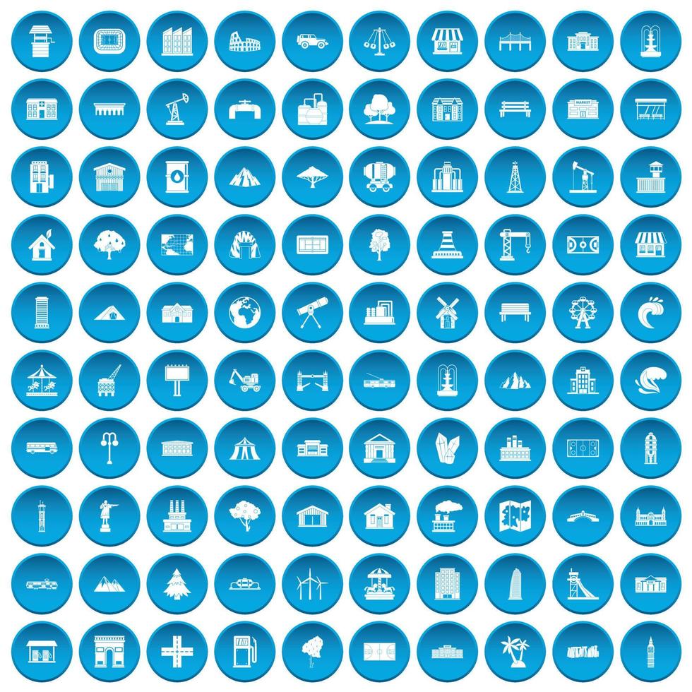 100 iconos de elementos de paisaje conjunto azul vector