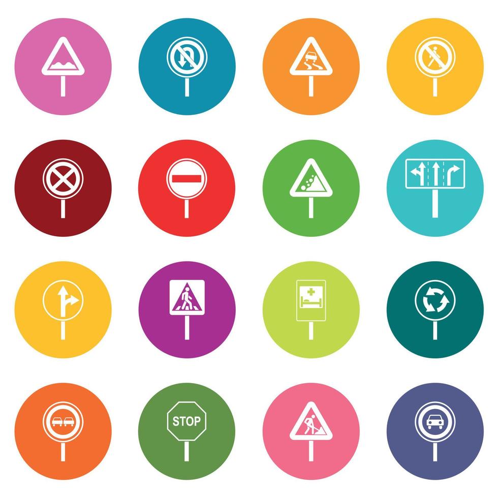 Different road signs icons many colors set vector