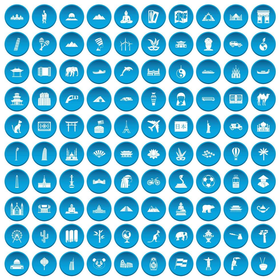 100 world tour icons set blue vector