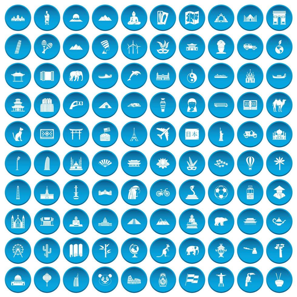 100 world tour icons set blue vector