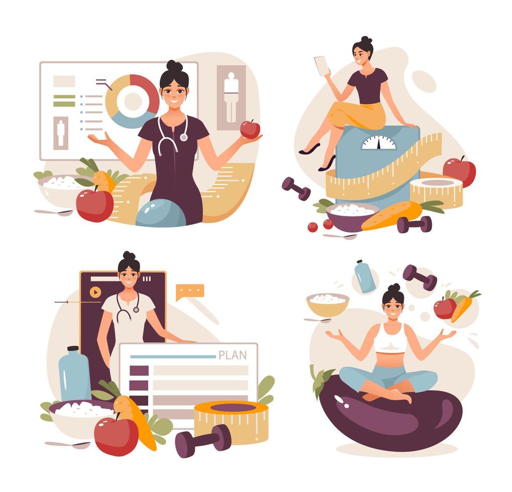 concepto de nutricionista. programa de pérdida de peso y plan de dieta. dietoterapia con alimentación sana y actividad física. ilustración vectorial plana vector