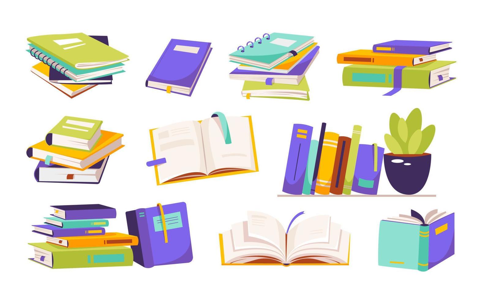 montones de libros para leer. un conjunto de literatura, libros de texto, diccionarios, planificadores con marcadores. ilustración de vector plano de color aislado en un fondo blanco