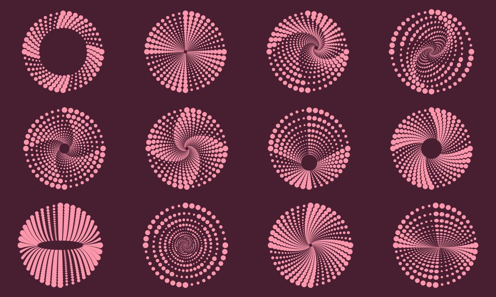 Set of abstract dotted spiral vortex. Vector illustration
