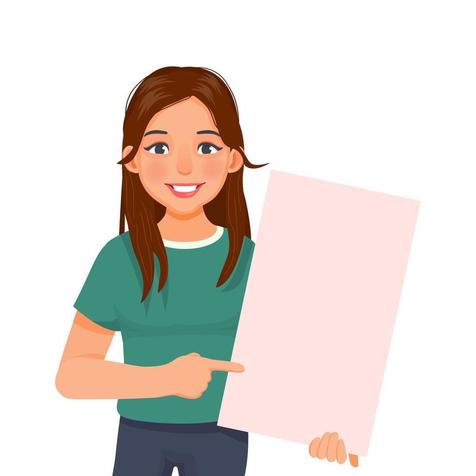 beautiful young woman holding blank billboard pointing index finger to empty banner for copyspace advertising and announcement messages vector