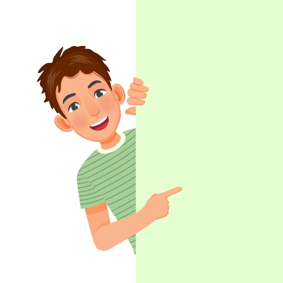 handsome young man peeking from behind blank billboard pointing index finger to empty banner for copyspace advertising and announcement messages vector