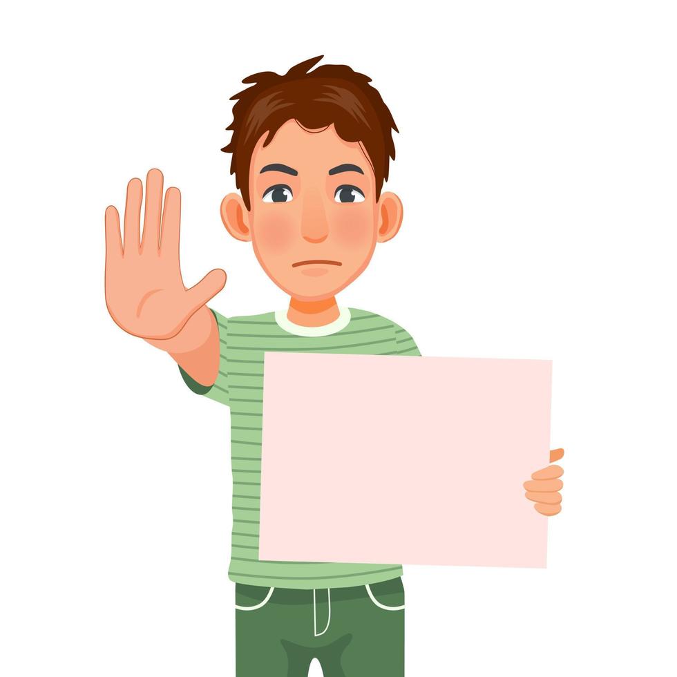 handsome young man holding blank poster or signboard showing stop hand palm gesture with serious and confident facial expression vector