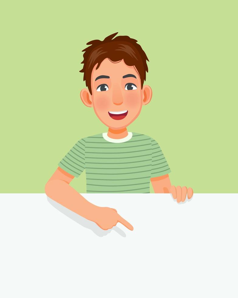 handsome young man standing behind blank billboard pointing index finger down to empty banner for copyspace advertising and announcement messages vector