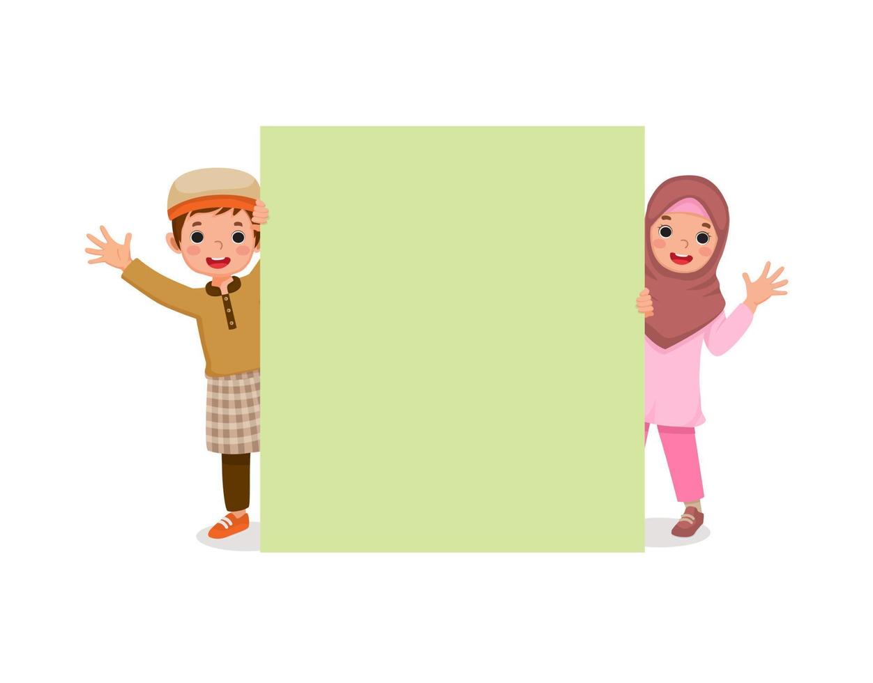 cute Muslim kids little boy and girl peeking from behind blank billboard smiling and waving hands showing copyspace for advertising and announcement messages vector