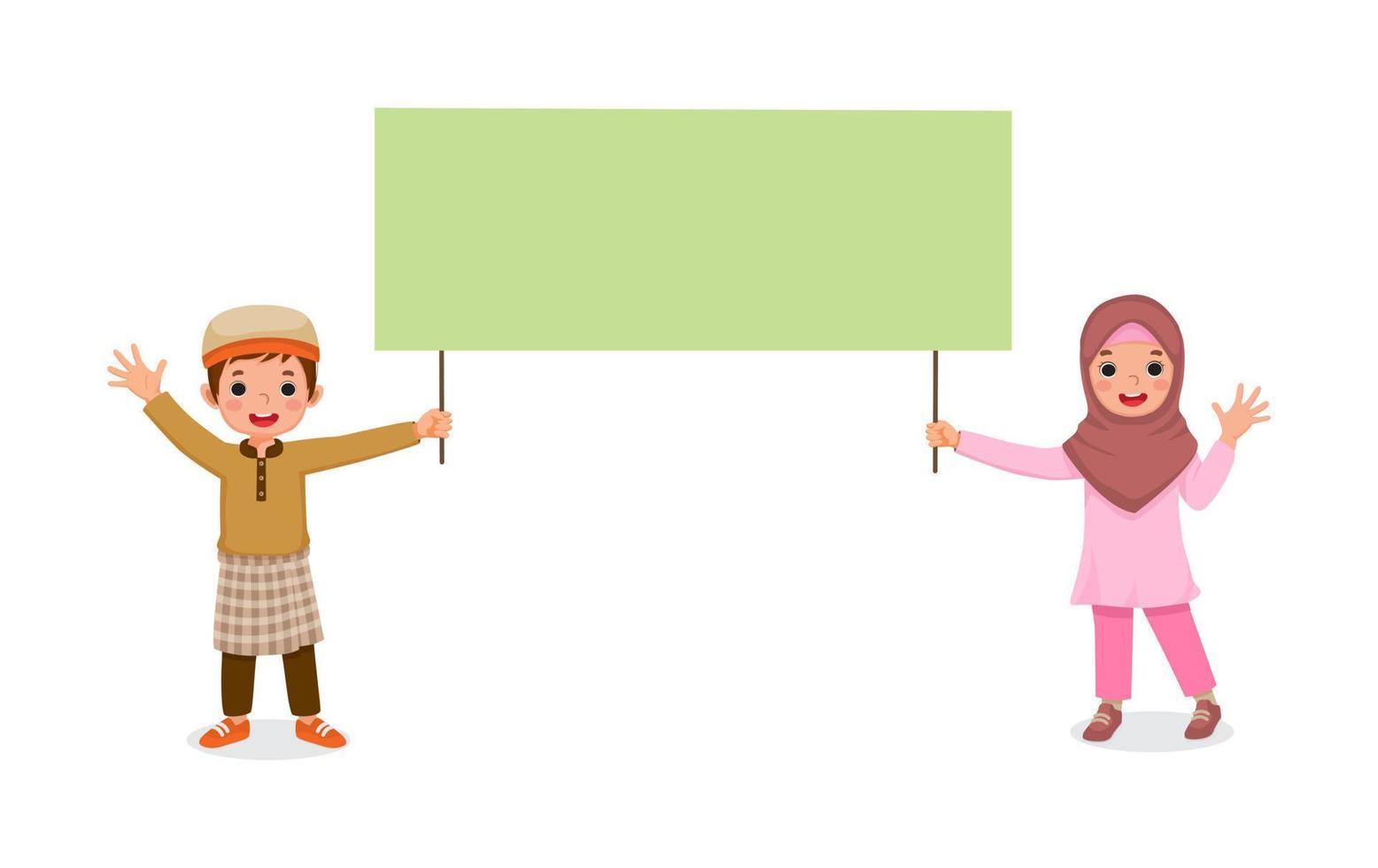 happy little muslim kids boy and girl waving hands while holding blank billboard sign for copyspace advertising and announcement messages vector