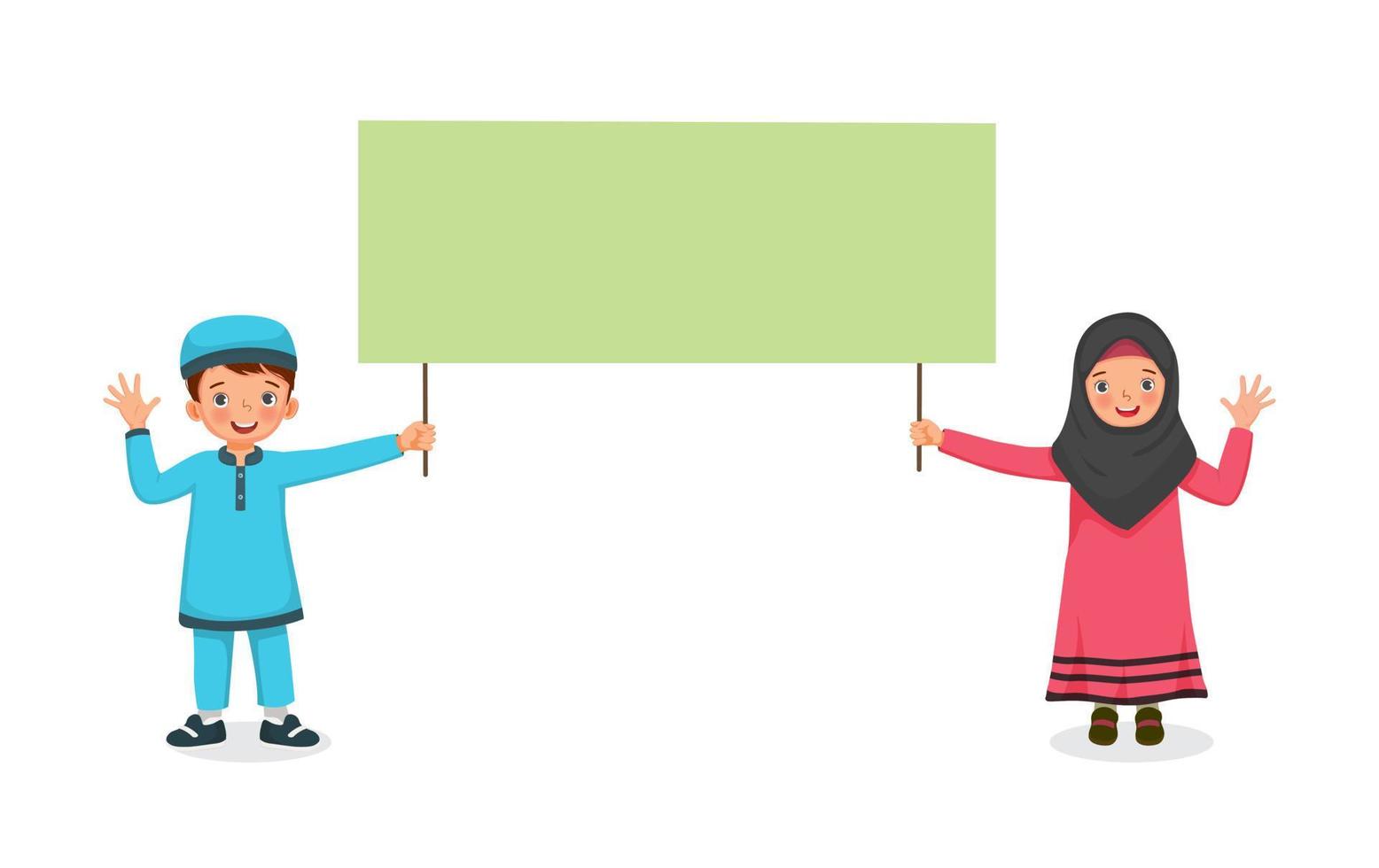 cute little muslim kids boy and girl waving hands while holding blank billboard sign for copyspace advertising and announcement messages vector