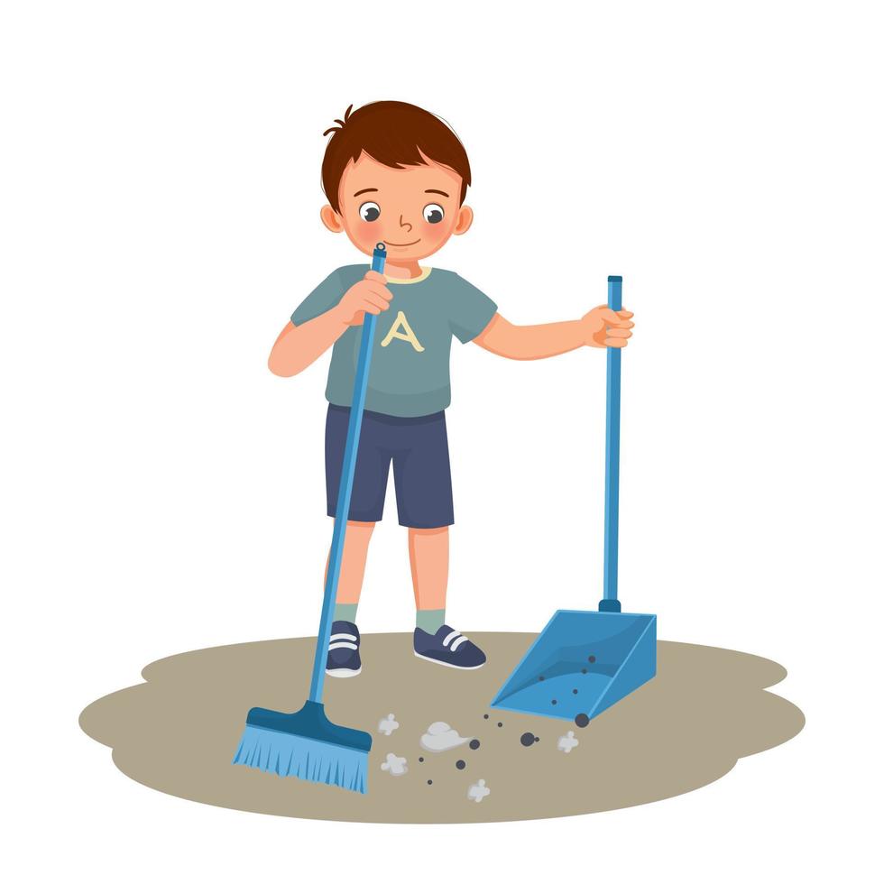 cute little boy sweeping the floor with broom and scoop at living room doing daily routine housework chores vector