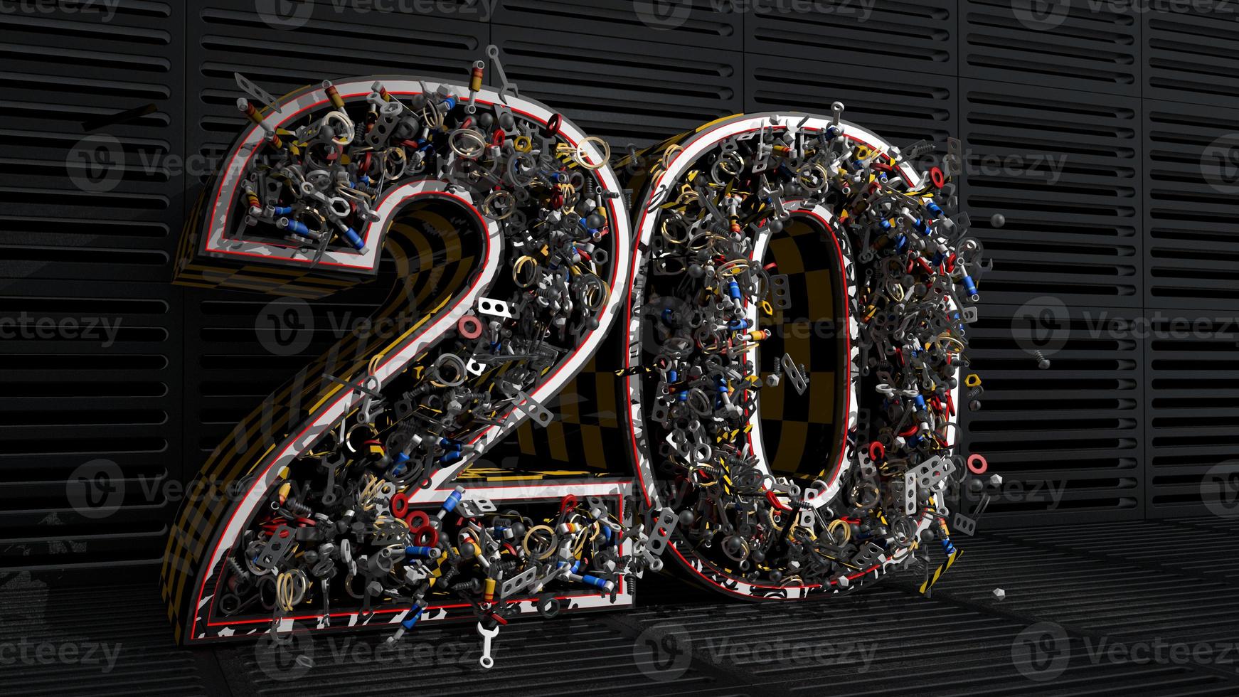 Toolbox in the shape of the number 20 from which an explosion of nuts, bolts, tools, metal parts, springs and spheres comes out against a background of metal plates. 3D Illustration photo