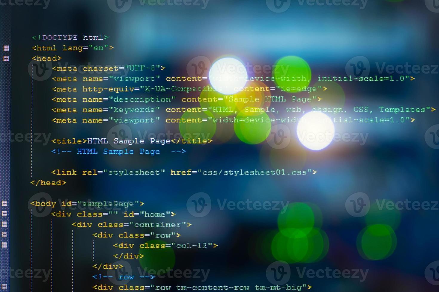 HTML code on computer monitor and server room background. photo