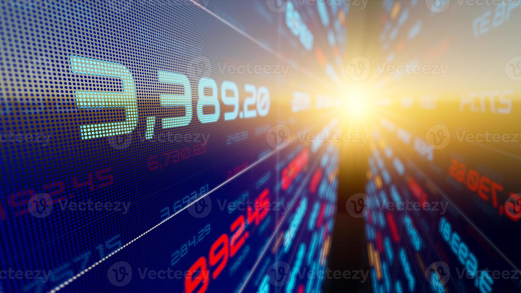 Stock market data on LED display. Technology business finance and investment concept, funds stock market and digital assets. Business finance background. 3D rendering. photo