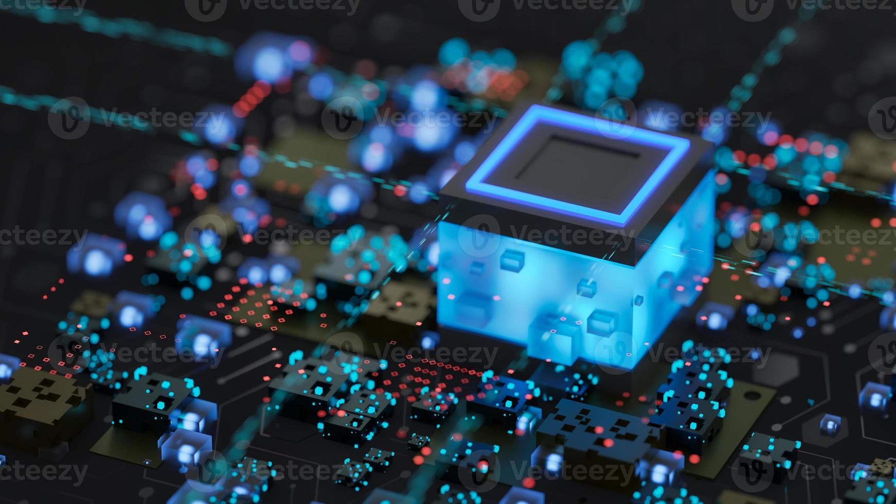 Abstract computer digital chip processor. Electronic components on circuit board. Artificial intelligence, Technology background, Machine learning, Microprocessor, CPU. 3D rendering. photo