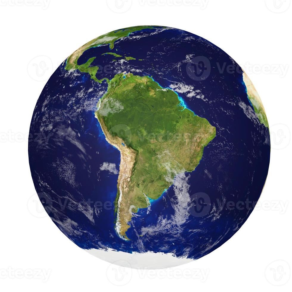 Planet earth with clouds  isolated on white background, Continents of South America.  Elements of this image furnished by NASA. 3D rendering. photo