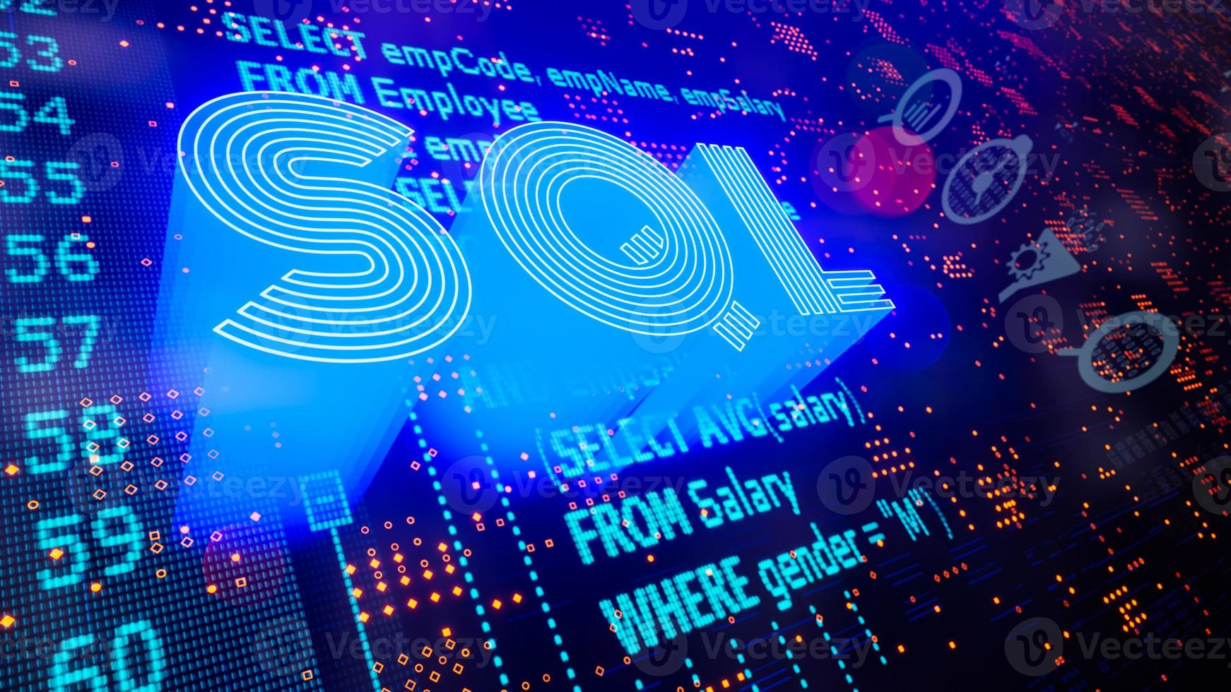 Las sentencias sql word y sql estructuraron el código de lenguaje de consulta sobre un fondo azul. ilustración 3d foto