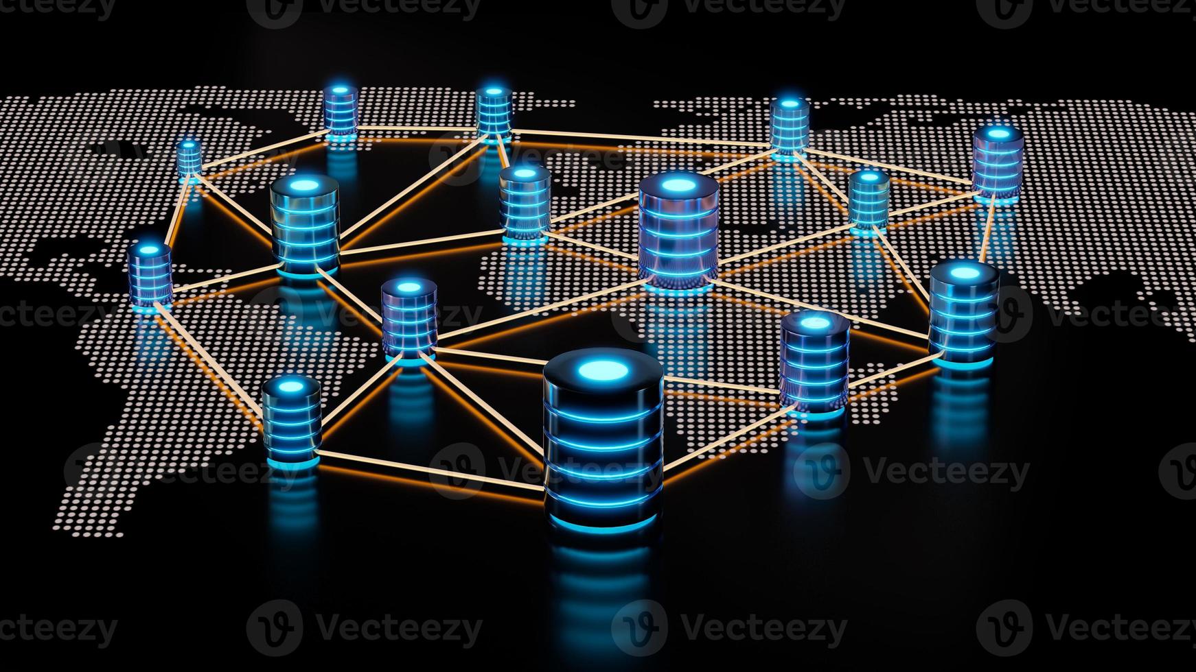 Database network on digital dotted world map. Concept of a database storage network, Global database. Network databases. 3D illustration. photo